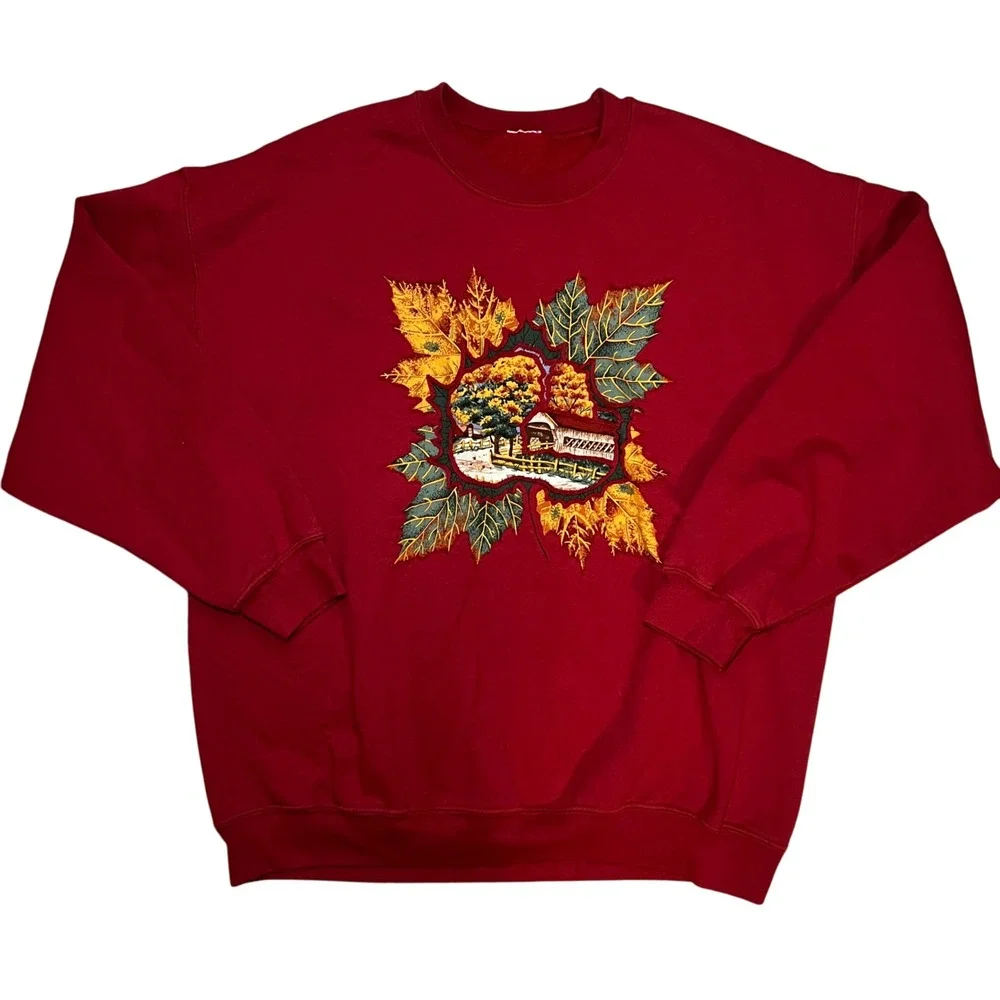VTG 90s Fall Grandma Sweater Farm Autumn Womens‎ XL Cottagecore Crewneck Red